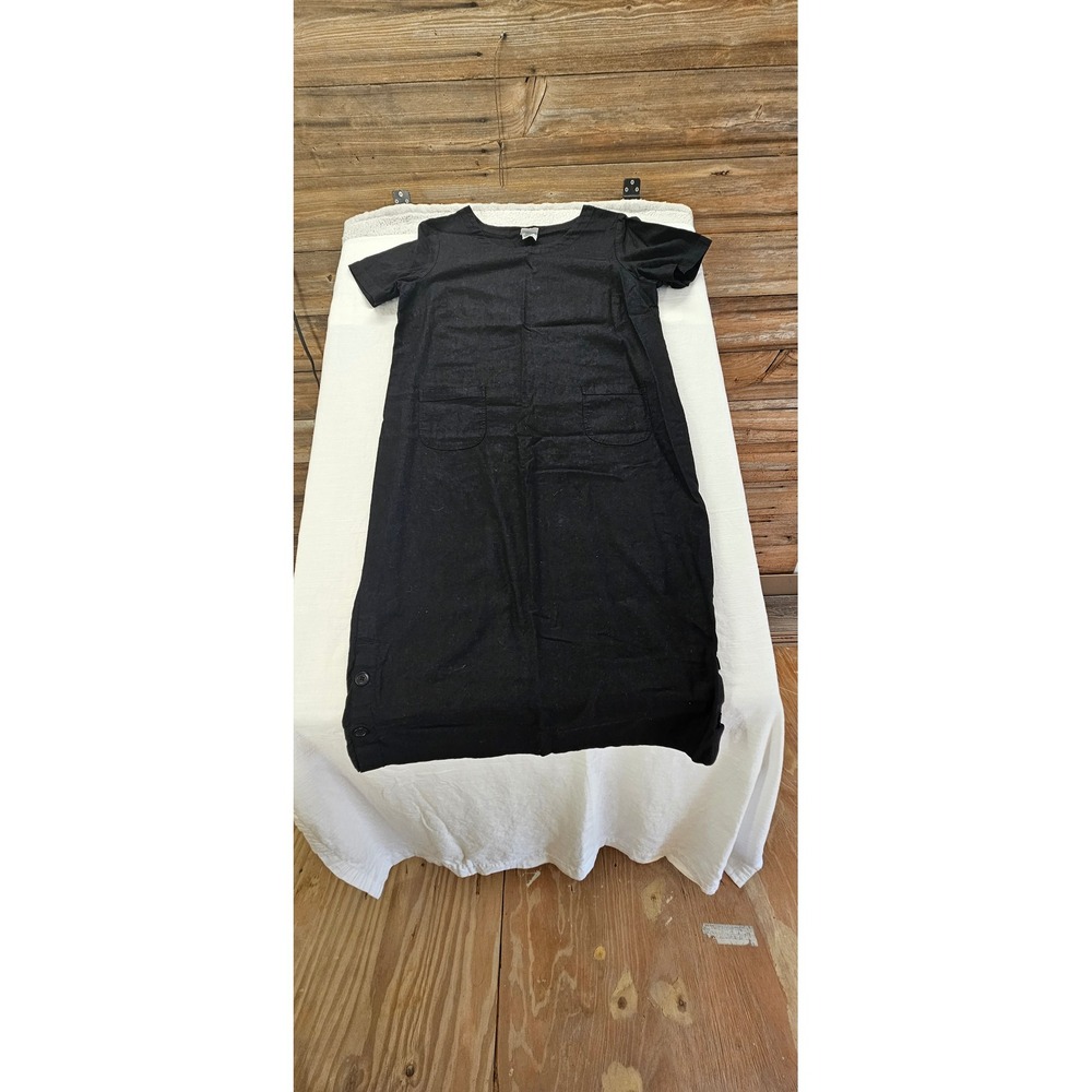 Carolina Colours Black Linen Blend Short Sleeve Shift Dress Side Button Size 18